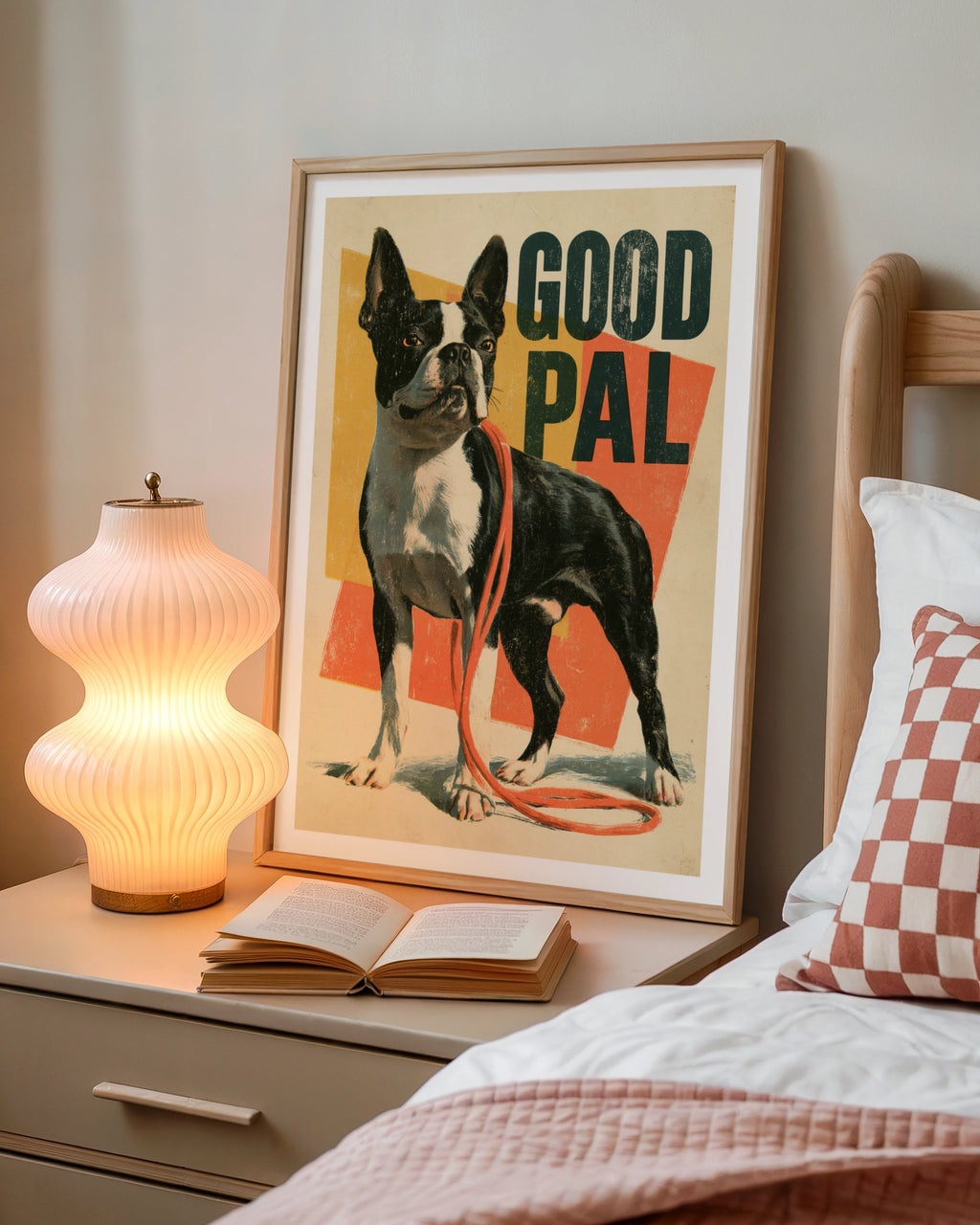Boston Terrier Retro Dog Print, Good Pal Vintage Poster, Folk Wall Art Gift
