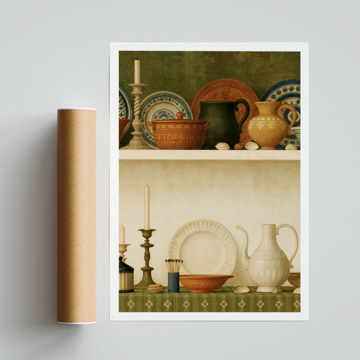 Classic Kitchen Shelf Still Life Print, Vintage Pottery Wall Art, Rustic Ceramic Decor Poster