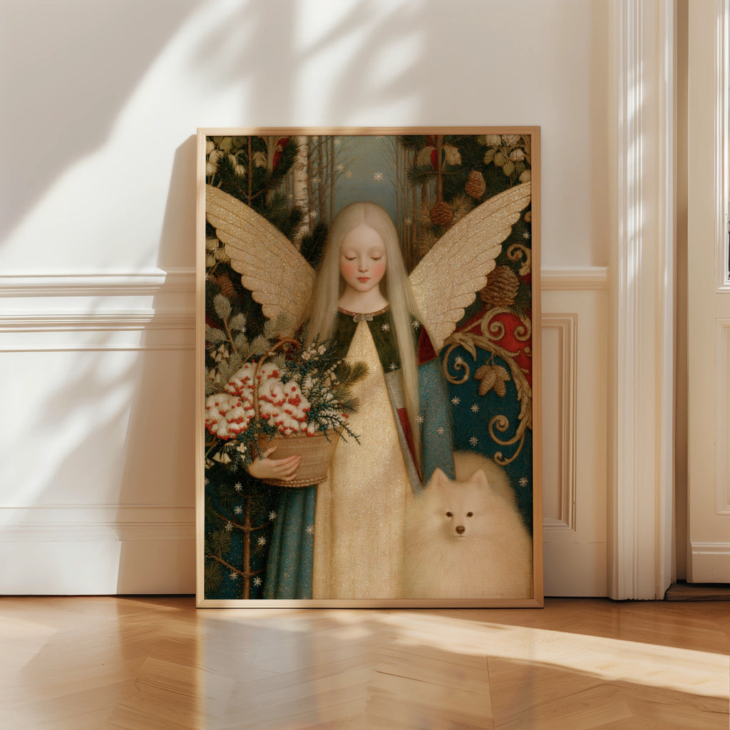 Winter Angel Art Print, Christmas Fairy Poster, Vintage Folk Style, White Dog Spitz Wall Art
