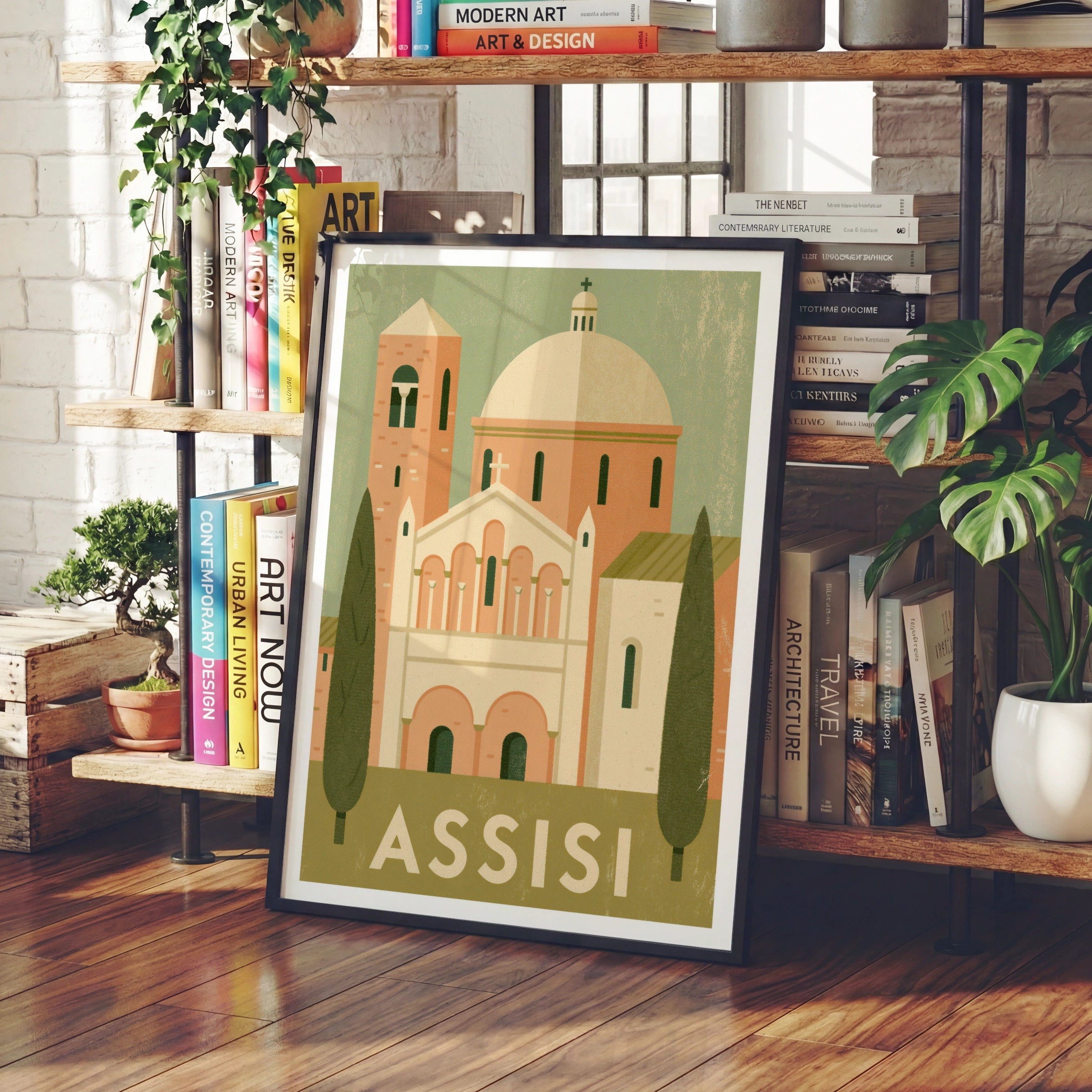 Assisi Italy Vintage Travel Poster, Retro Italian Church Print, Umbria Wall Art