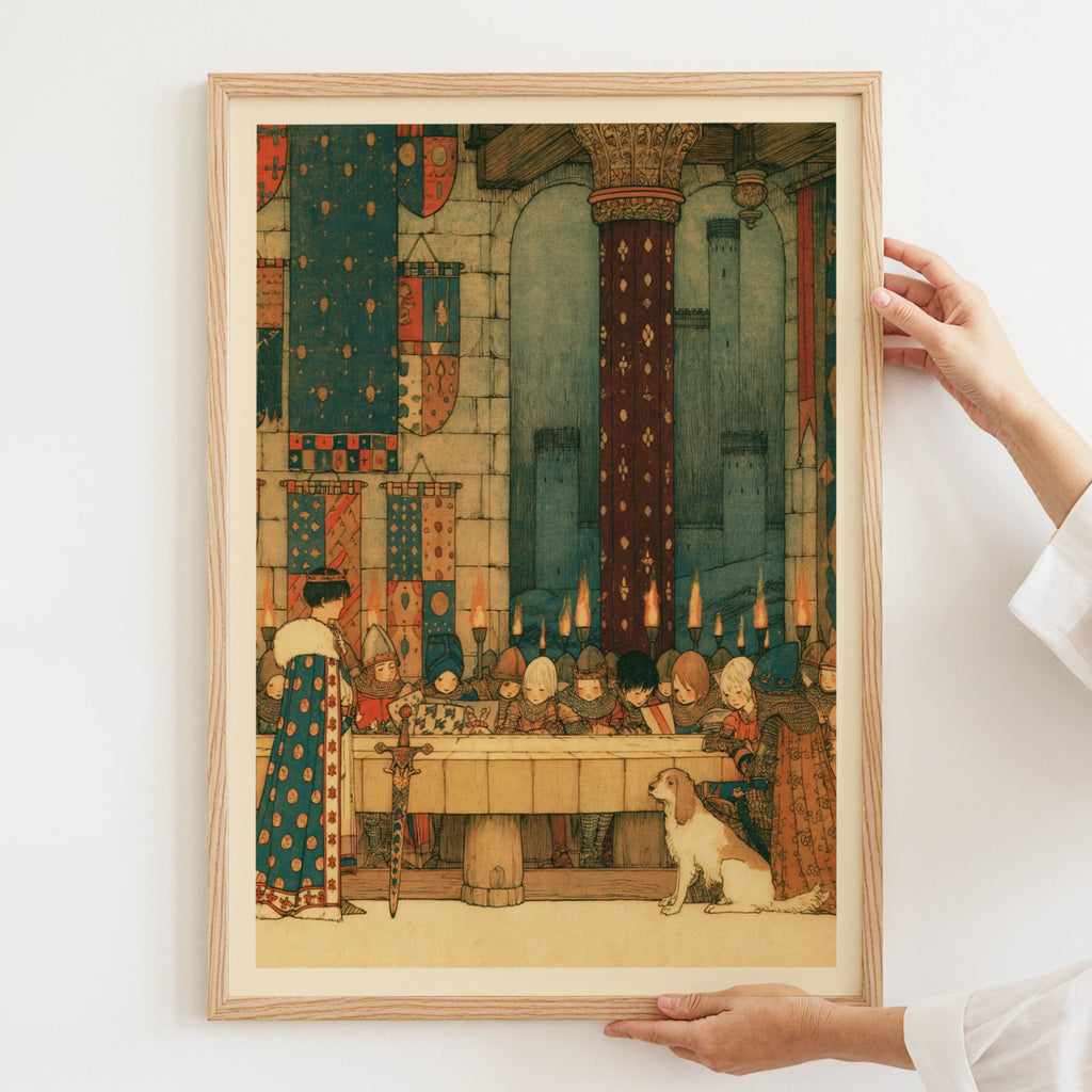 King Arthur and Roundtable Medieval Castle Kids Print, Knights Banquet Wall Art, Children's Collectable Poster