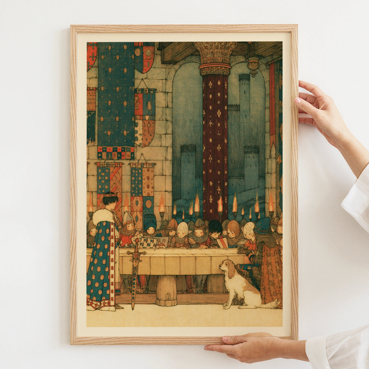 King Arthur and Roundtable Medieval Castle Kids Print, Knights Banquet Wall Art, Children's Collectable Poster