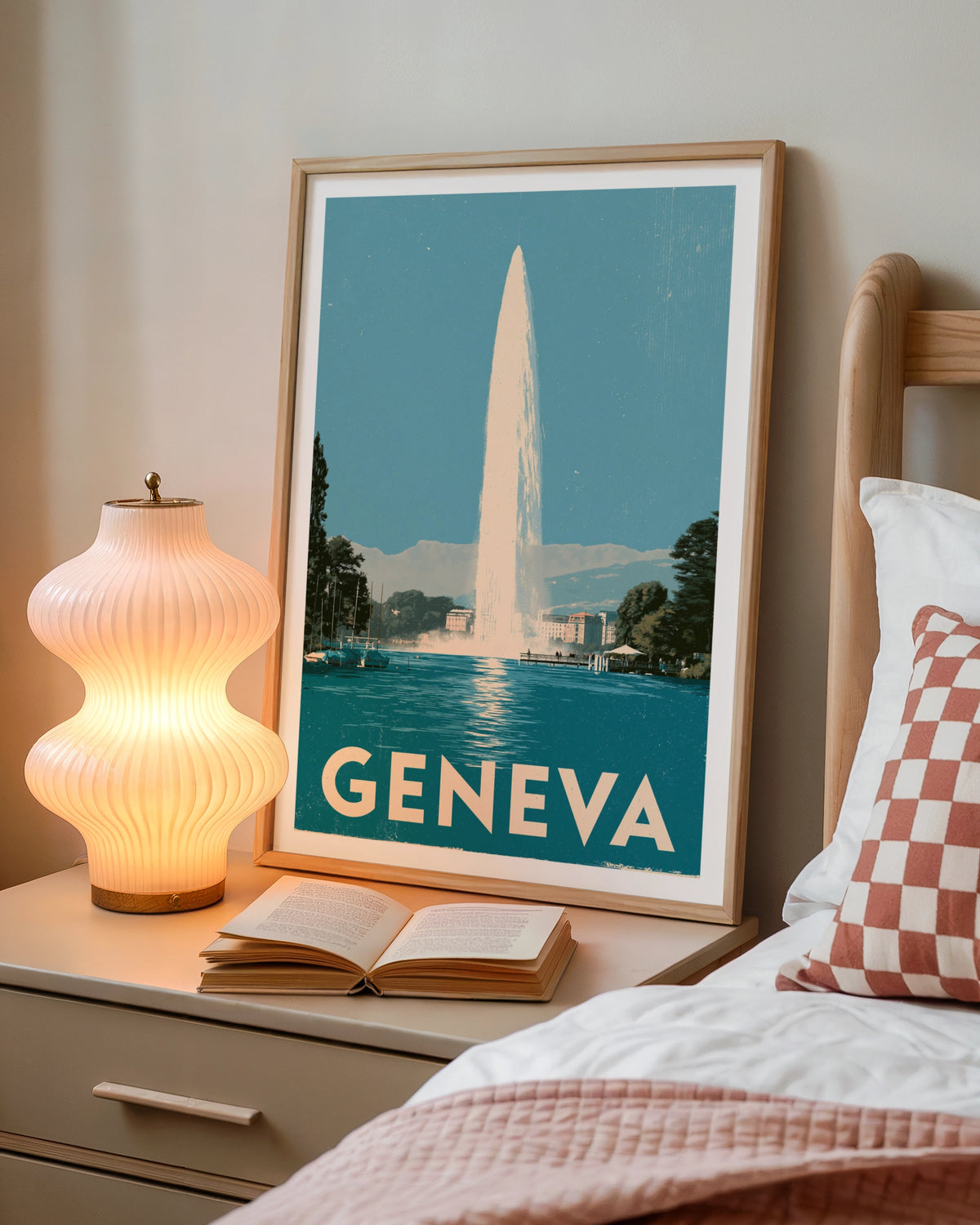 Geneva Retro Travel Poster, Jet d'Eau Switzerland Wall Art, Lake Geneva Print
