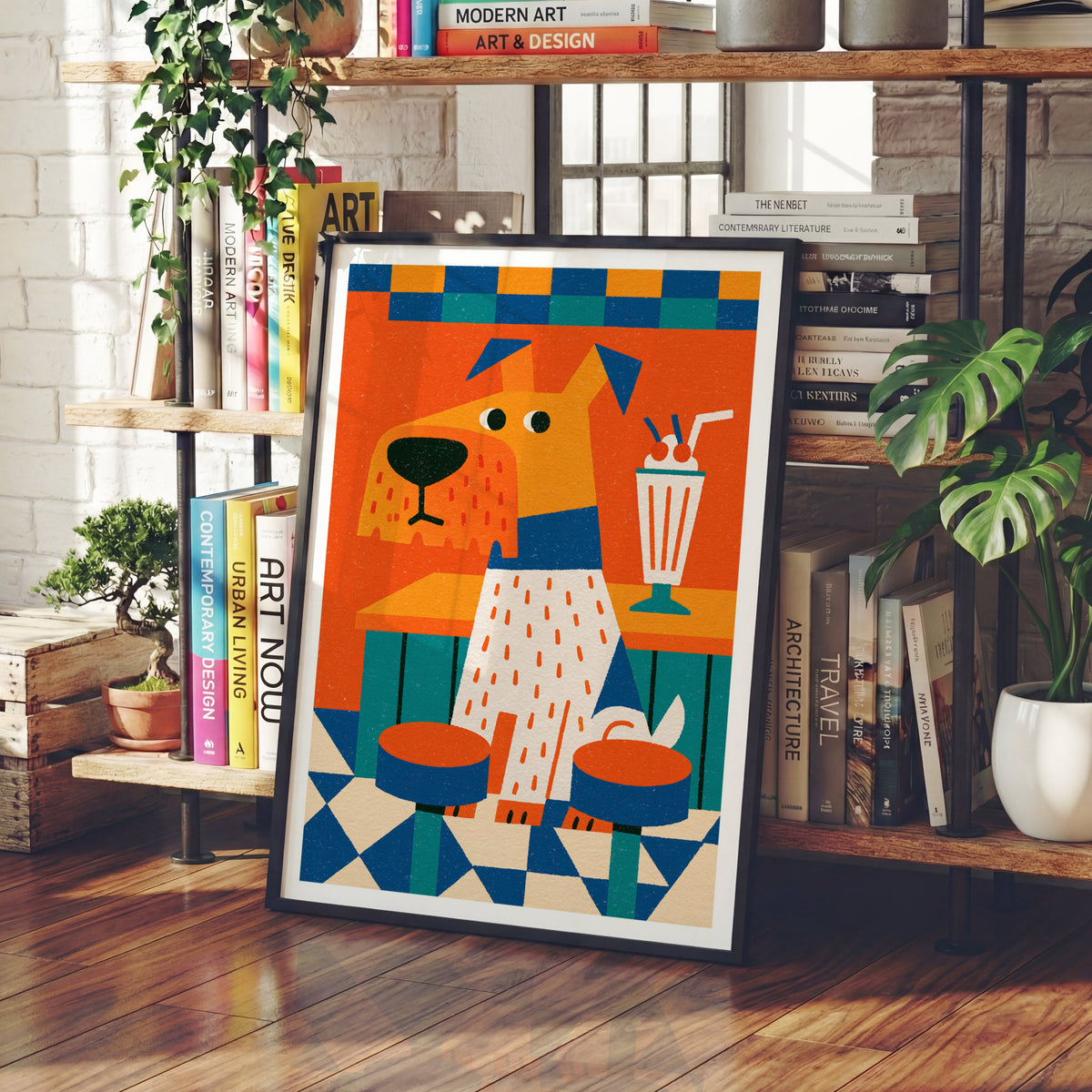 Retro Diner Dog Poster, Vintage Milkshake Wall Art, Colourful Fun Dog Print for Kitchen