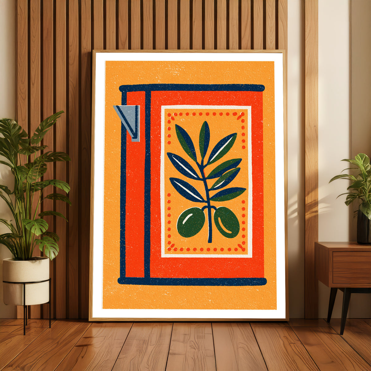 Vintage Food Poster Print, Olive Tin Can Art, Rustic Kitchen Decor, Retro Mid Century Risograph