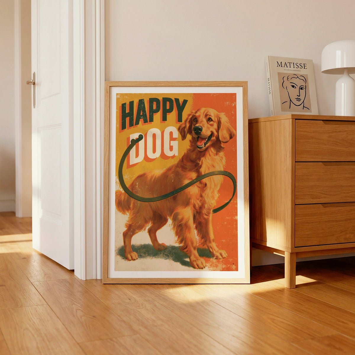 Happy Dog Retro Poster, Golden Retriever Wall Art, Vintage Dog Print, Orange Folk Style