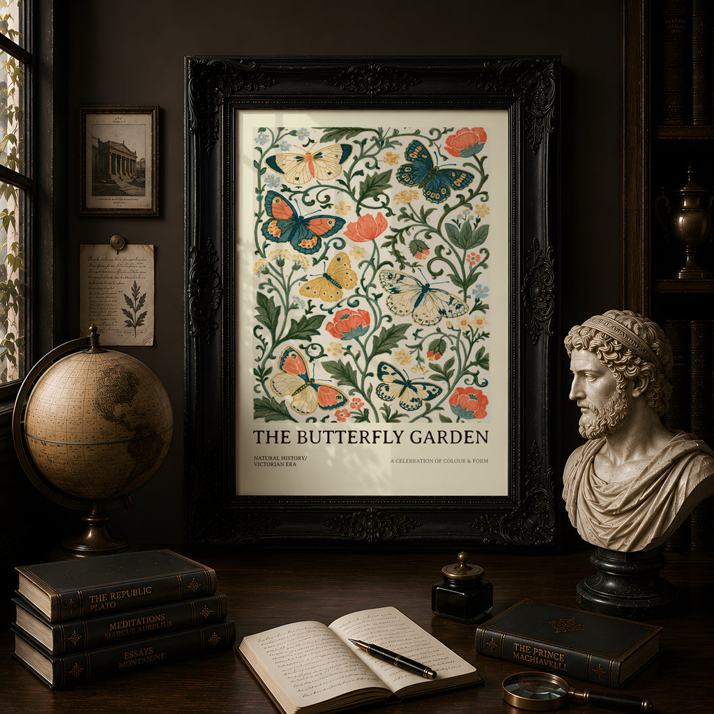 Butterfly Garden Print, Botanical Wall Art, Victorian Natural History Poster, Floral Nature Decor