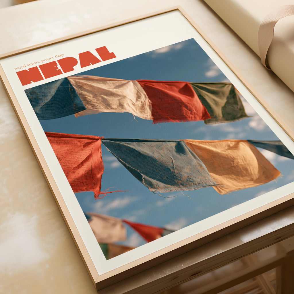 Nepal Prayer Flags Contemporary Travel Poster, Himalayan Wall Art, Vintage Travel Print