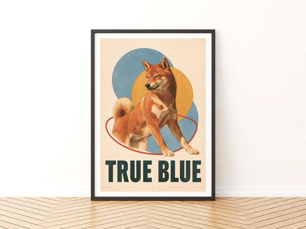 Shiba Inu Retro Dog Print, True Blue Folk Poster, Vintage Style Wall Art