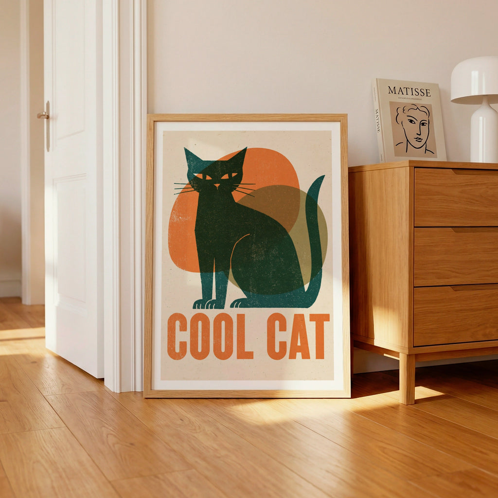 Cool Cat 1950's Retro Print, Vintage Style Black Cat Wall Art, Mid Century Folk Cat Decor