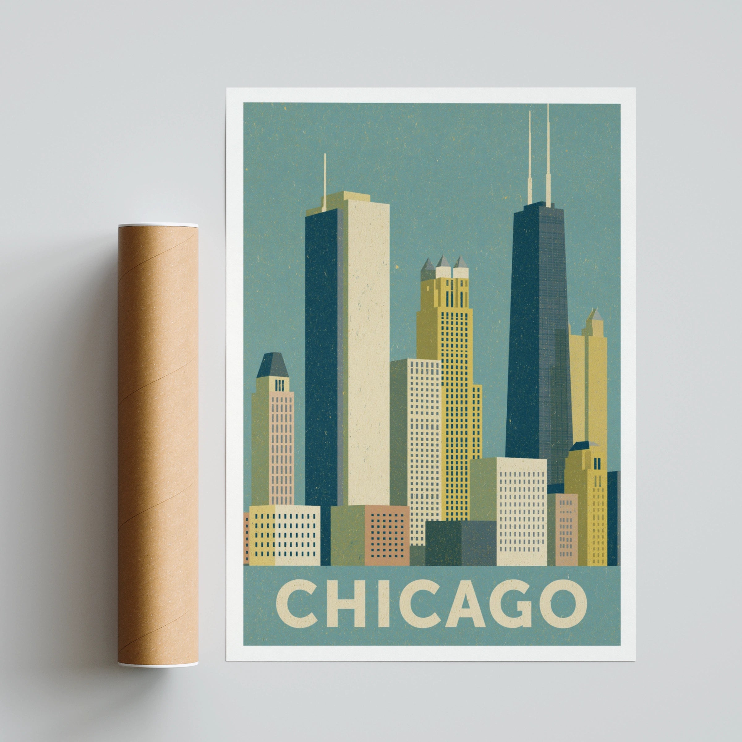 Chicago Skyline Retro Travel Poster, Vintage City Print, Illinois Wall Art