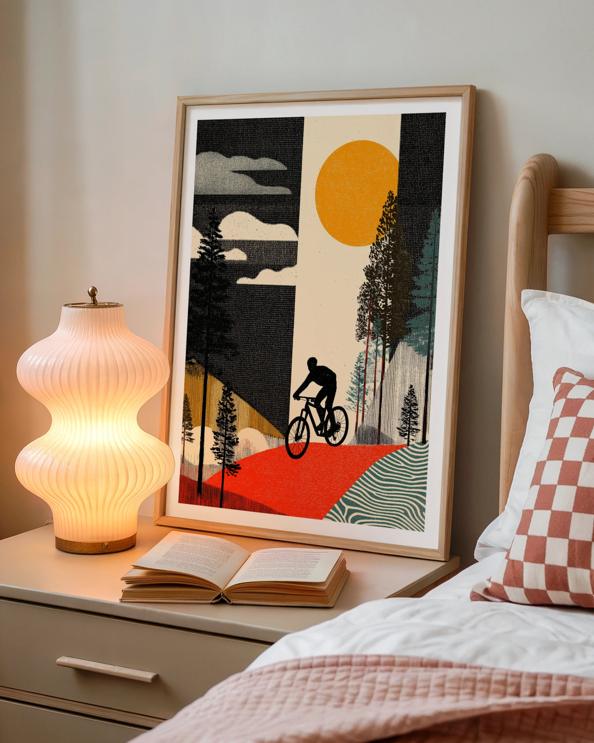 Retro Mountain Bike Poster, Cycling Art Print, Forest Trail, Vintage Sun Wall Art