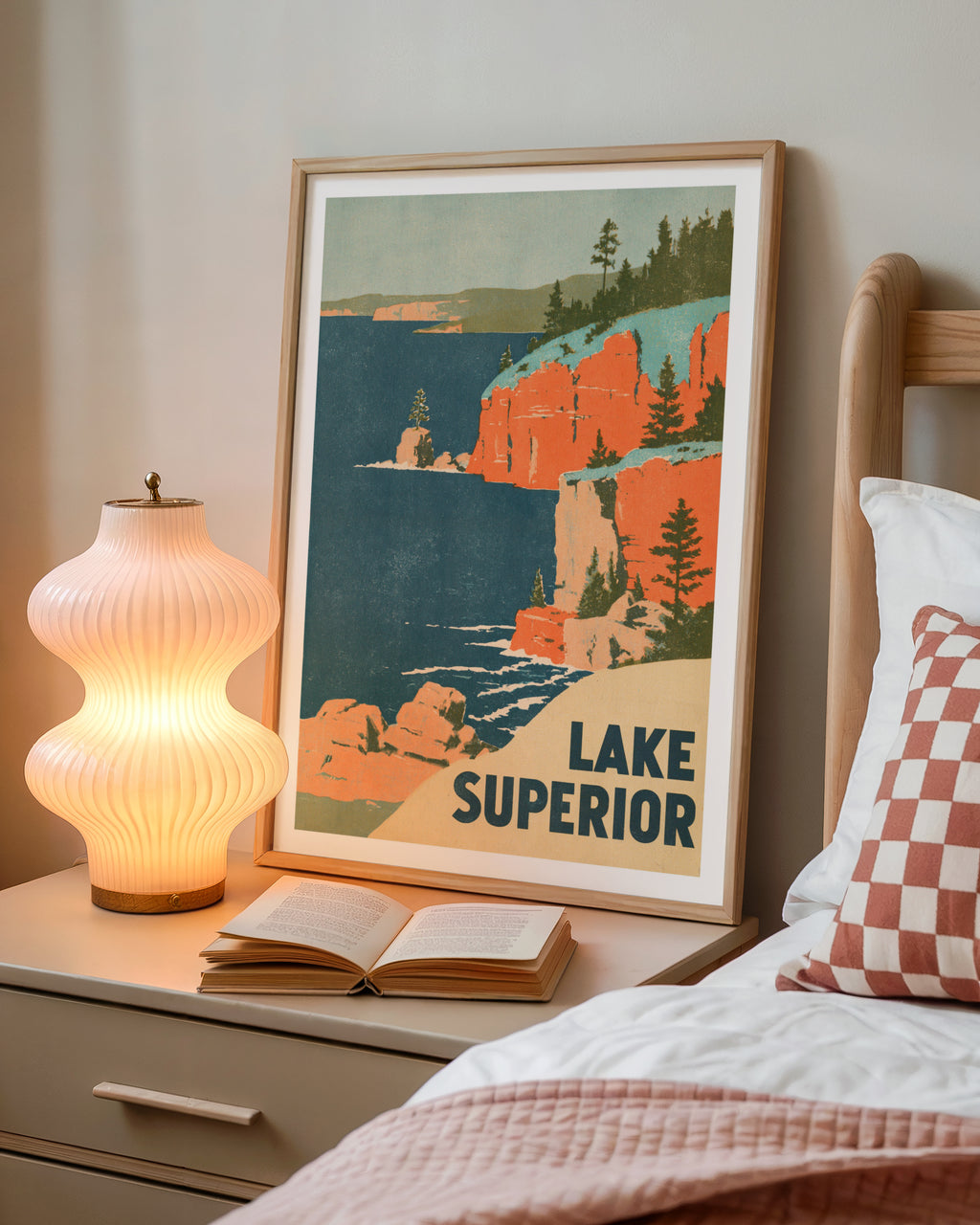 Retro Lake Superior Poster, Vintage Travel Print, Great Lakes Cliffs, Cabin Wall Art, Nature Decor