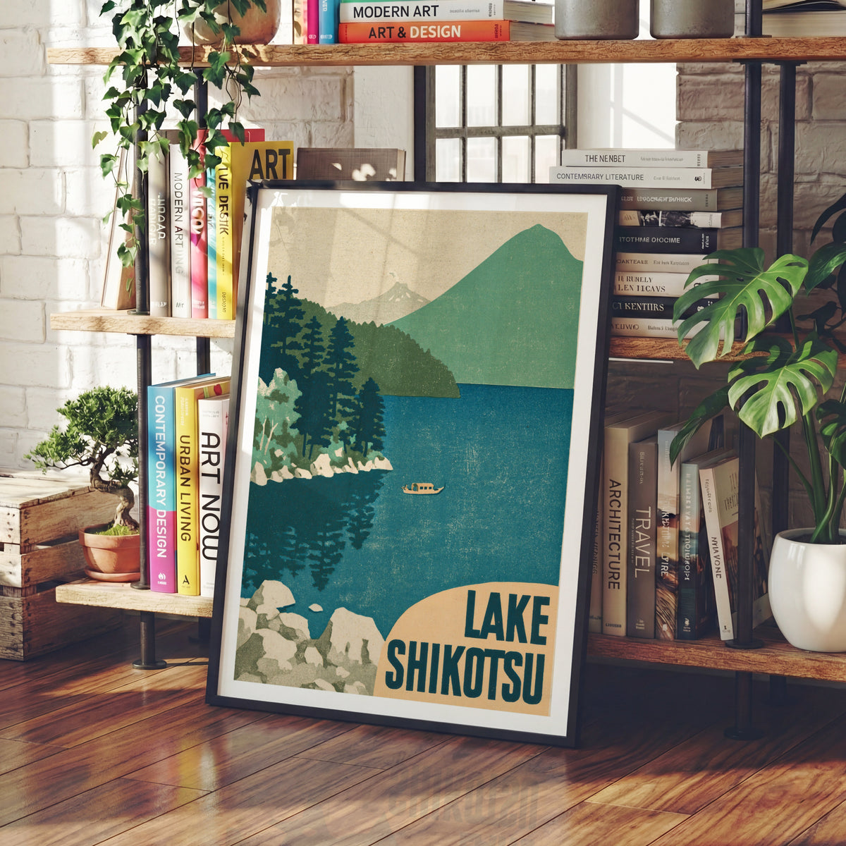 Retro Lake Shikotsu Poster, Vintage Travel Print, Hokkaido Japan Wall Art, Japanese Lake Scene