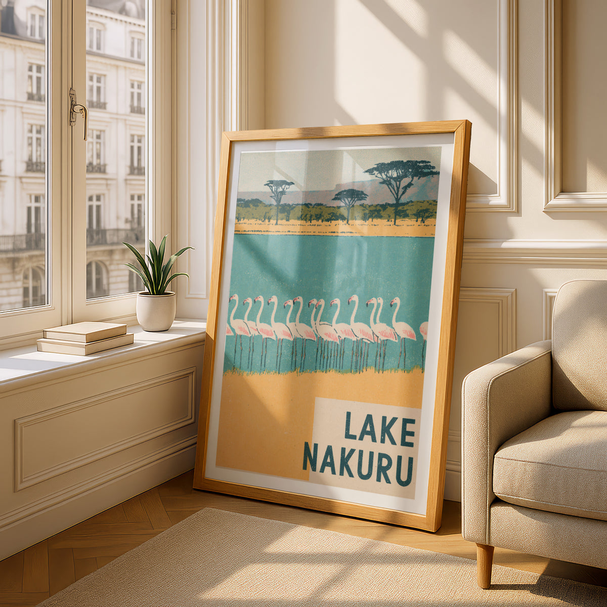 Retro Lake Nakuru Poster, Vintage Travel Flamingo Print, Kenya Safari Wall Art, African Wildlife