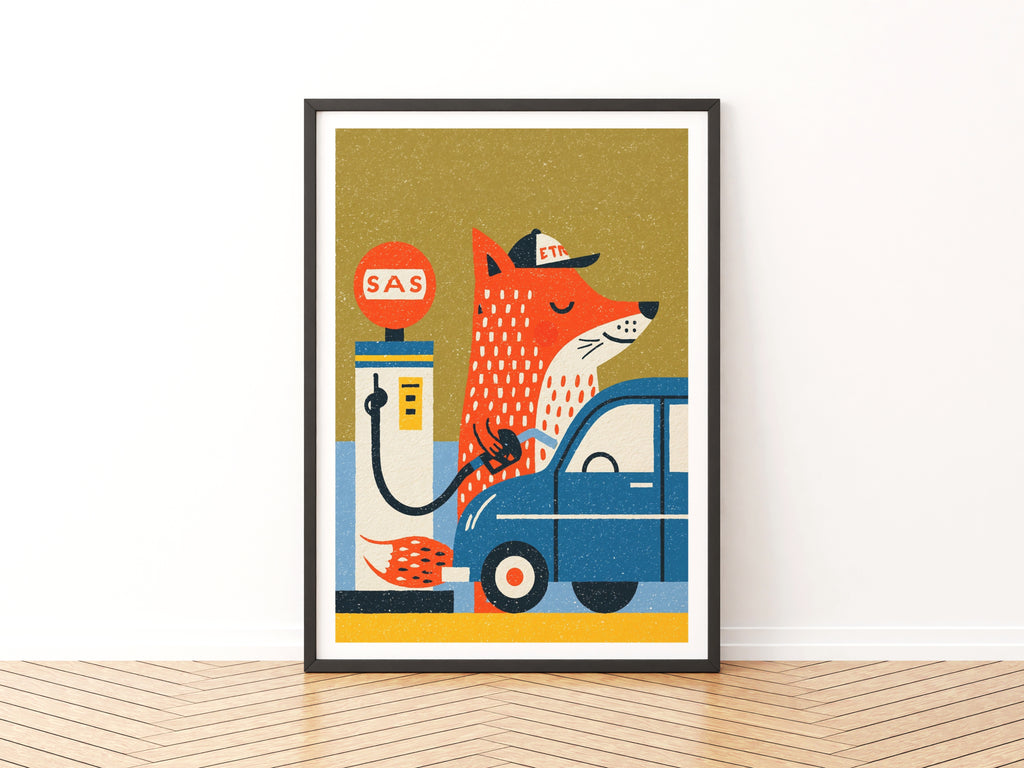 Retro Fox Gas Station Art Print, Vintage Animal Wall Art, Folk Style Car Print, Kids Room Decor