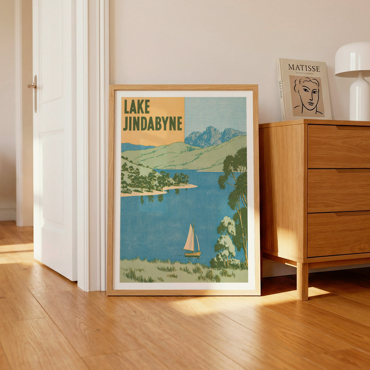 Lake Jindabyne Retro Travel Poster, Vintage Travel Print, Australia Snowy Mountains Wall Art