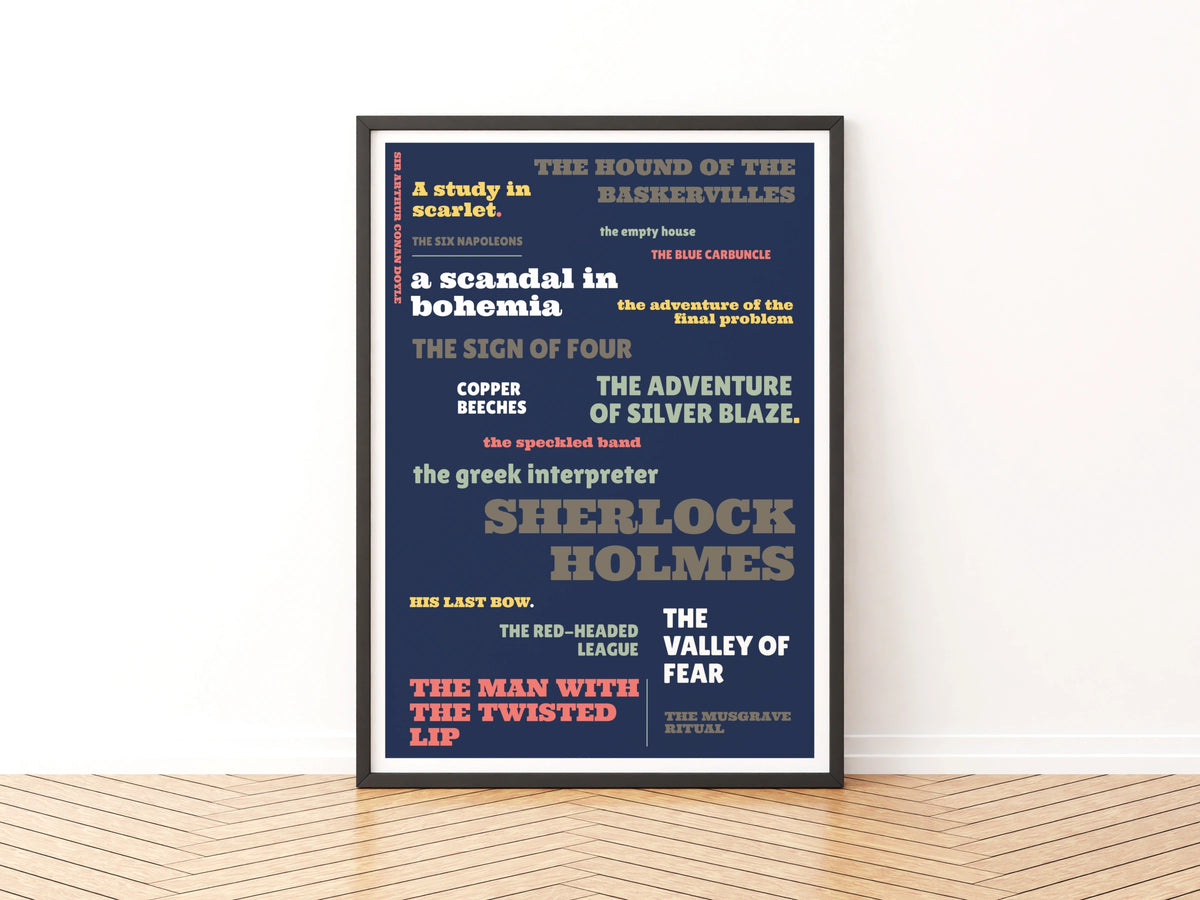 Sherlock Holmes Typography Poster, Conan Doyle Literary Print, Navy Blue Book Fan Art