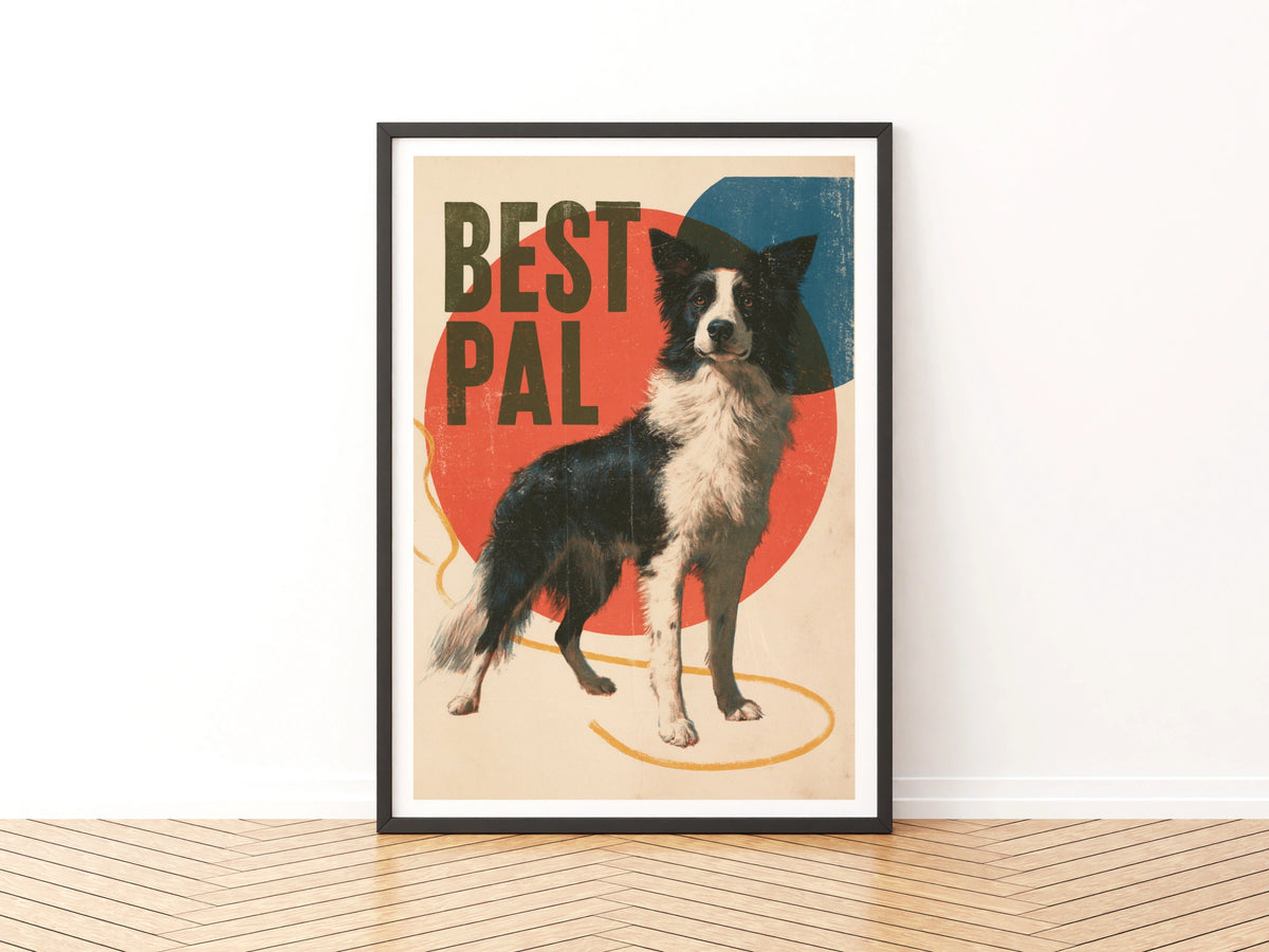 Border Collie Retro Dog Print, Best Pal Folk Art, Vintage Style Dog Wall Art Gift