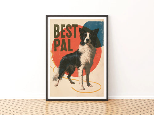 Border Collie Retro Dog Print, Best Pal Folk Art, Vintage Style Dog Wall Art Gift
