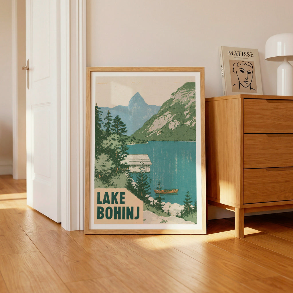 Retro Lake Bohinj Poster, Vintage Travel Print, Slovenia Julian Alps Mountain Lake Wall Art