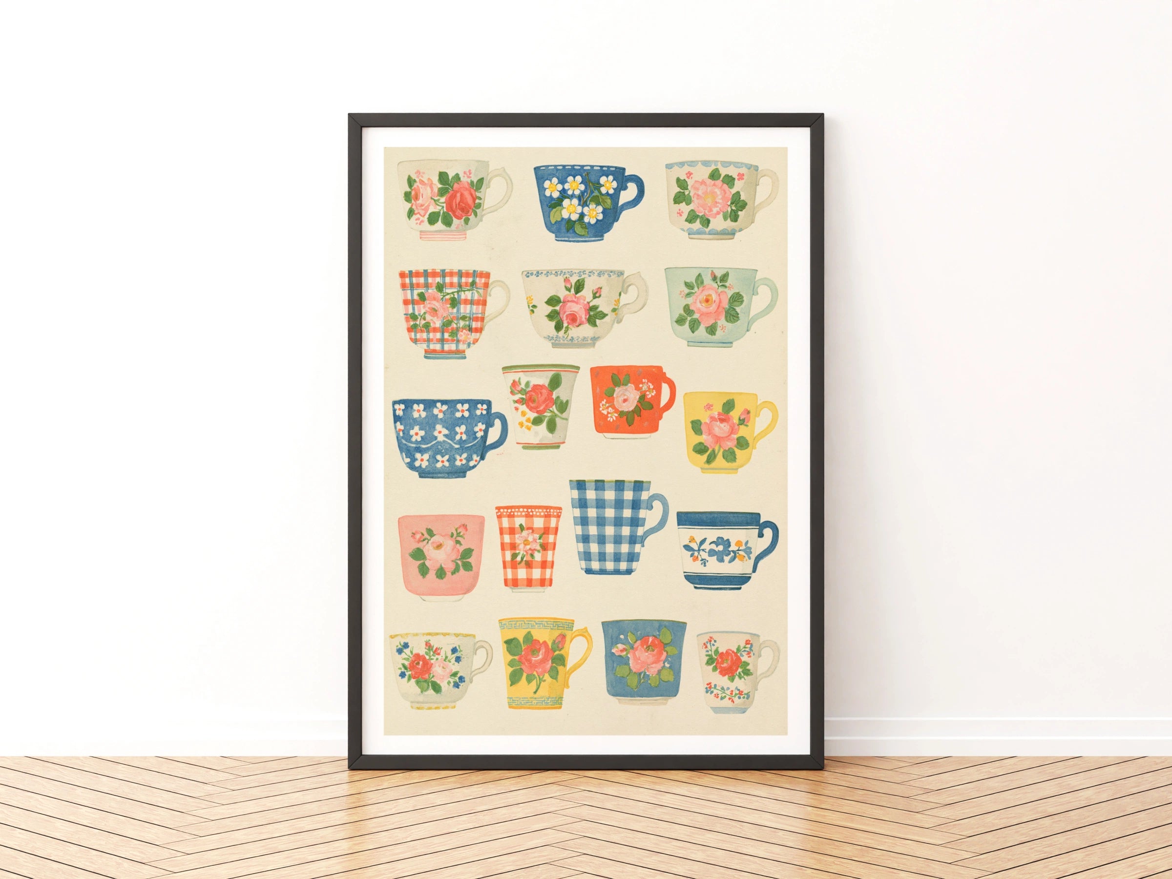 Vintage Tea Cup Poster Print | Rustic Kitchen Decor | Retro Mid Century Risograph Floral Mugs Art
