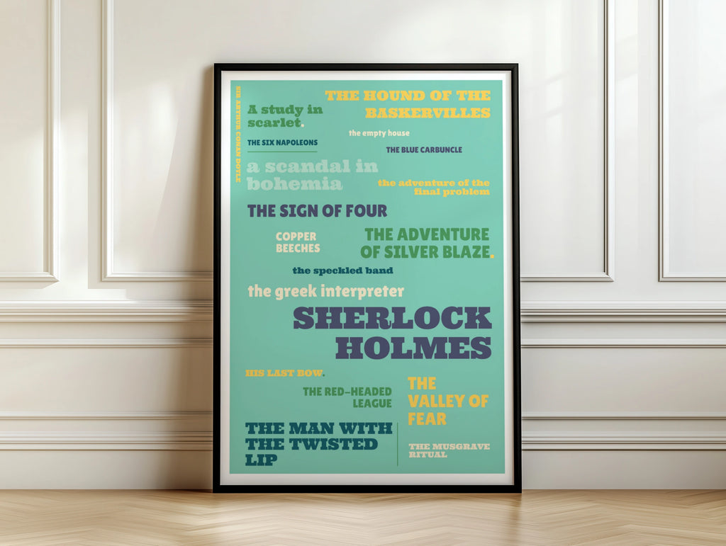 Sherlock Holmes Typography Print, Conan Doyle Literary Poster, Teal Book Lover Wall Art