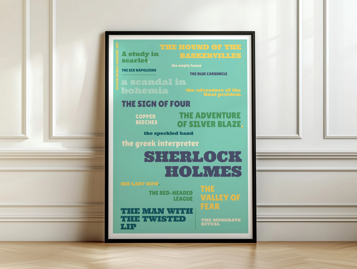 Sherlock Holmes Typography Print, Conan Doyle Literary Poster, Teal Book Lover Wall Art