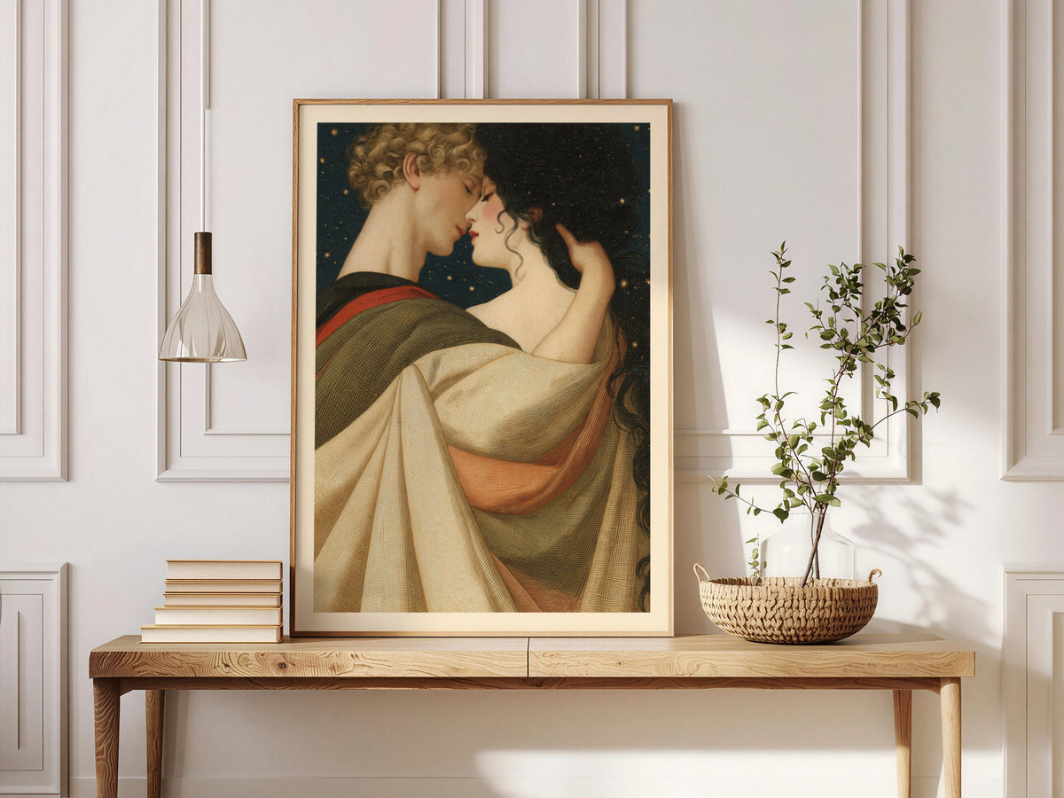 Romantic Couple Art Print, Vintage Lovers Poster, Starry Night Sky Wall Art, Bedroom Wall Decor