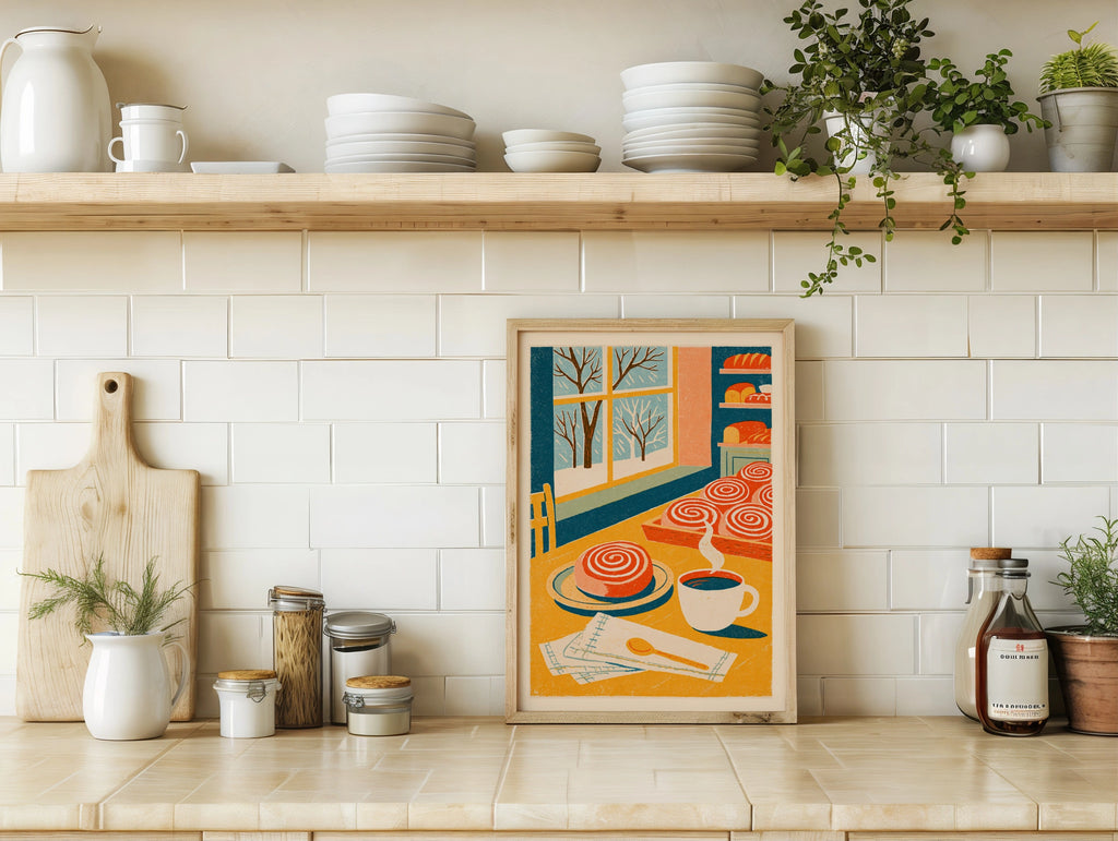 Vintage Food Poster Print, Cinnamon Roll Bakery, Rustic Kitchen Decor, Retro Mid Century Risograph