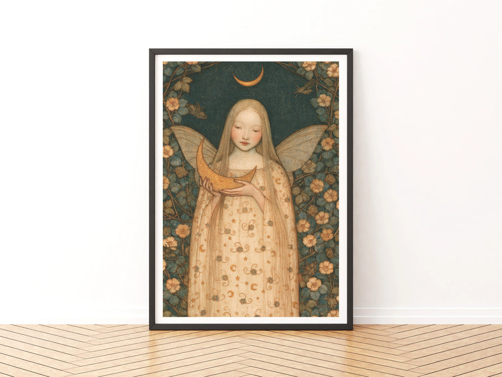 Fairy Moon Poster, Classic Folk Art Print, Celestial Floral Wall Art, Mystical Fairy Girl Decor
