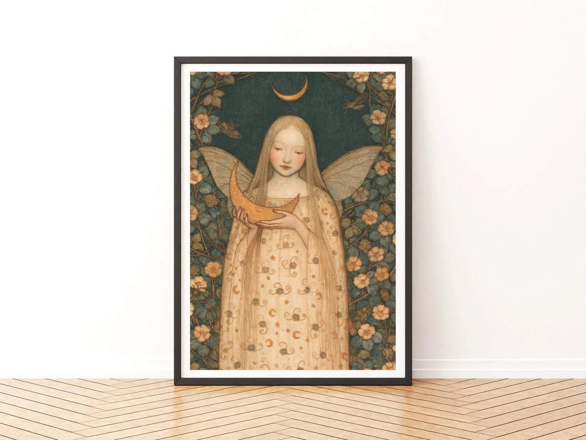 Fairy Moon Poster, Classic Folk Art Print, Celestial Floral Wall Art, Mystical Fairy Girl Decor
