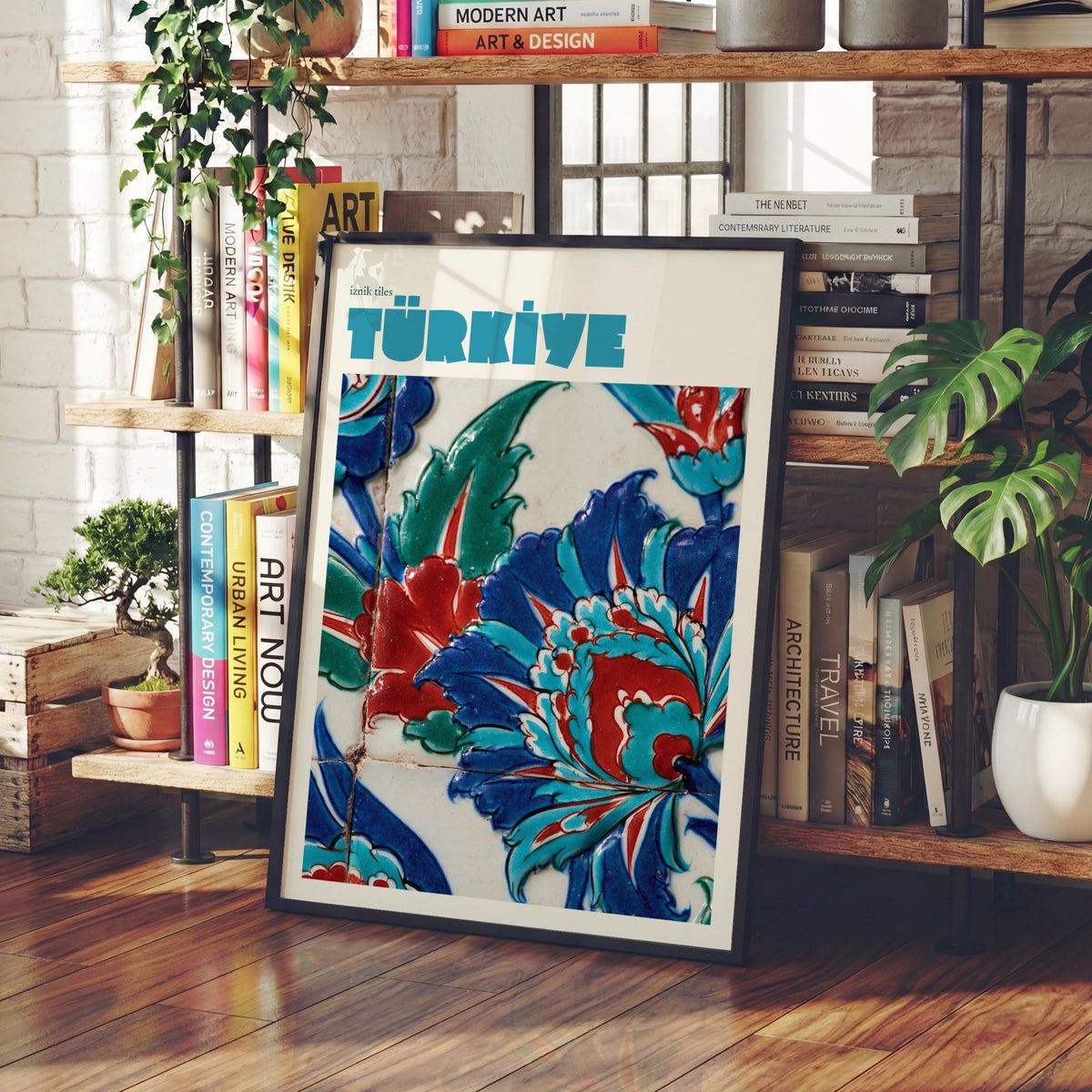 Turkiye Iznik Tiles Vintage Travel Poster, Turkey Print, Teal Blue Floral Wall Art