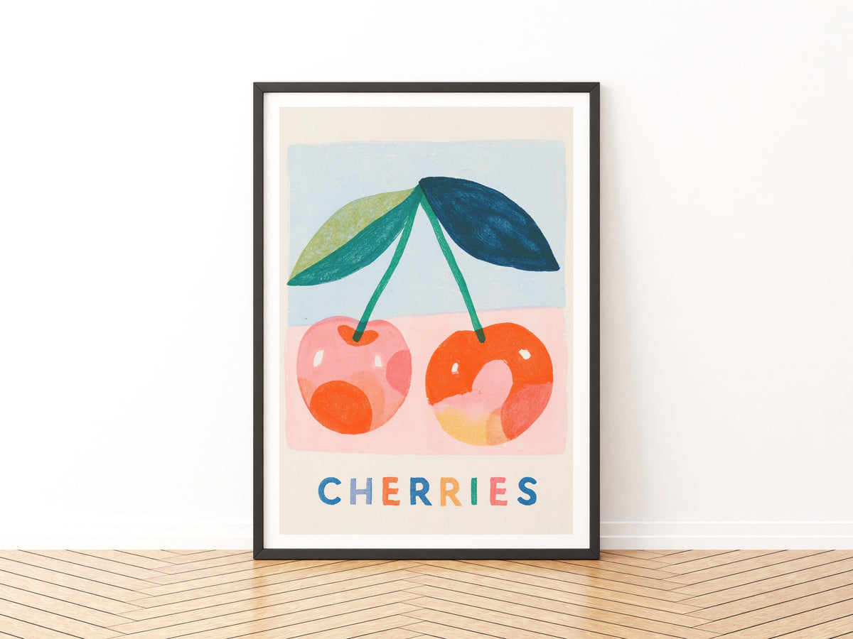 Cherries Vintage Food Poster Print, Rustic Kitchen Decor, Retro Mid Century Risograph Fruit Art