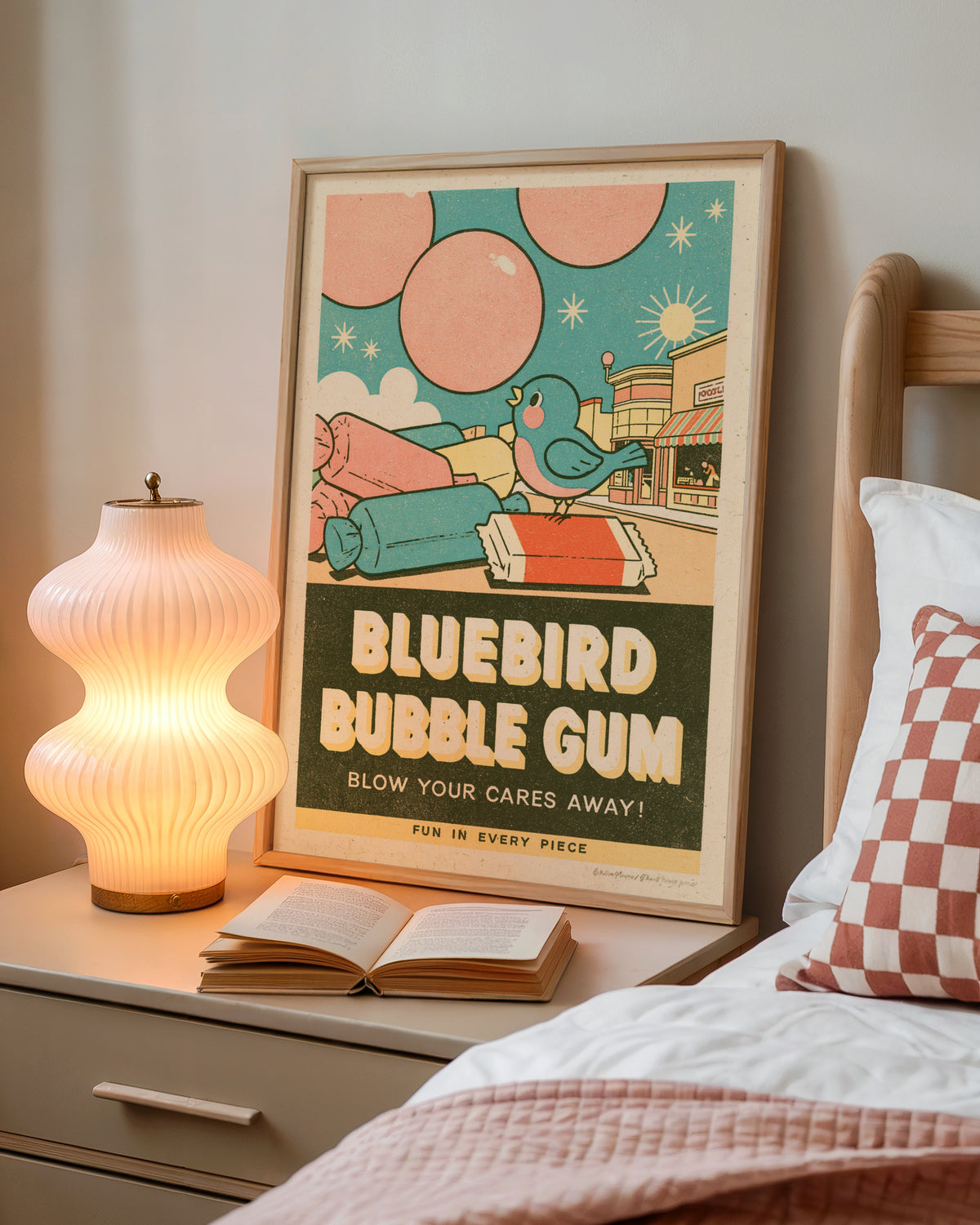 Contemporary Bluebird Bubble Gum Print, Retro Sweet Shop Wall Art, Kitchen Diner Decor