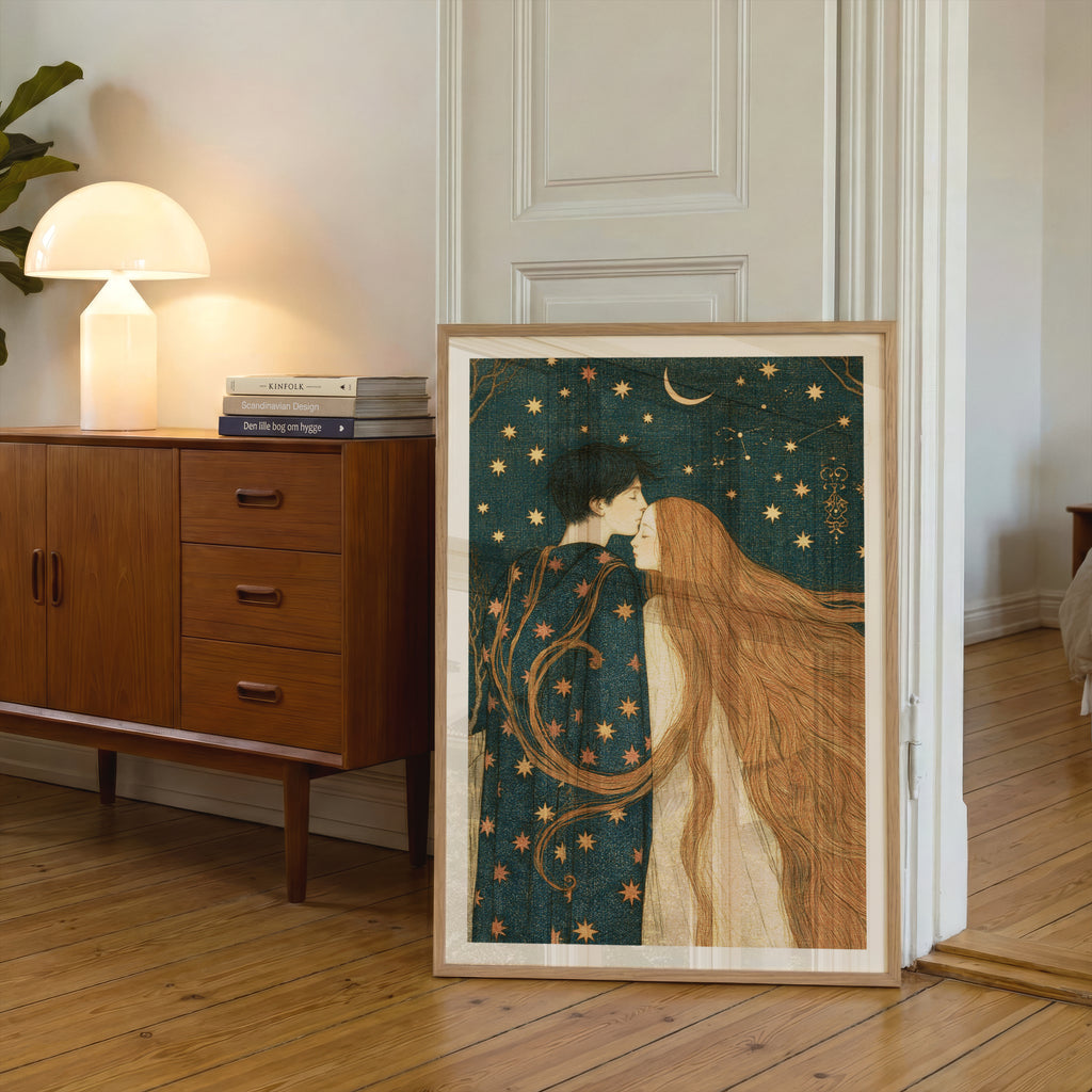 Celestial Lovers Wall Art, Starry Night Couple Poster, Crescent Moon Romantic Vintage Print, Bedroom