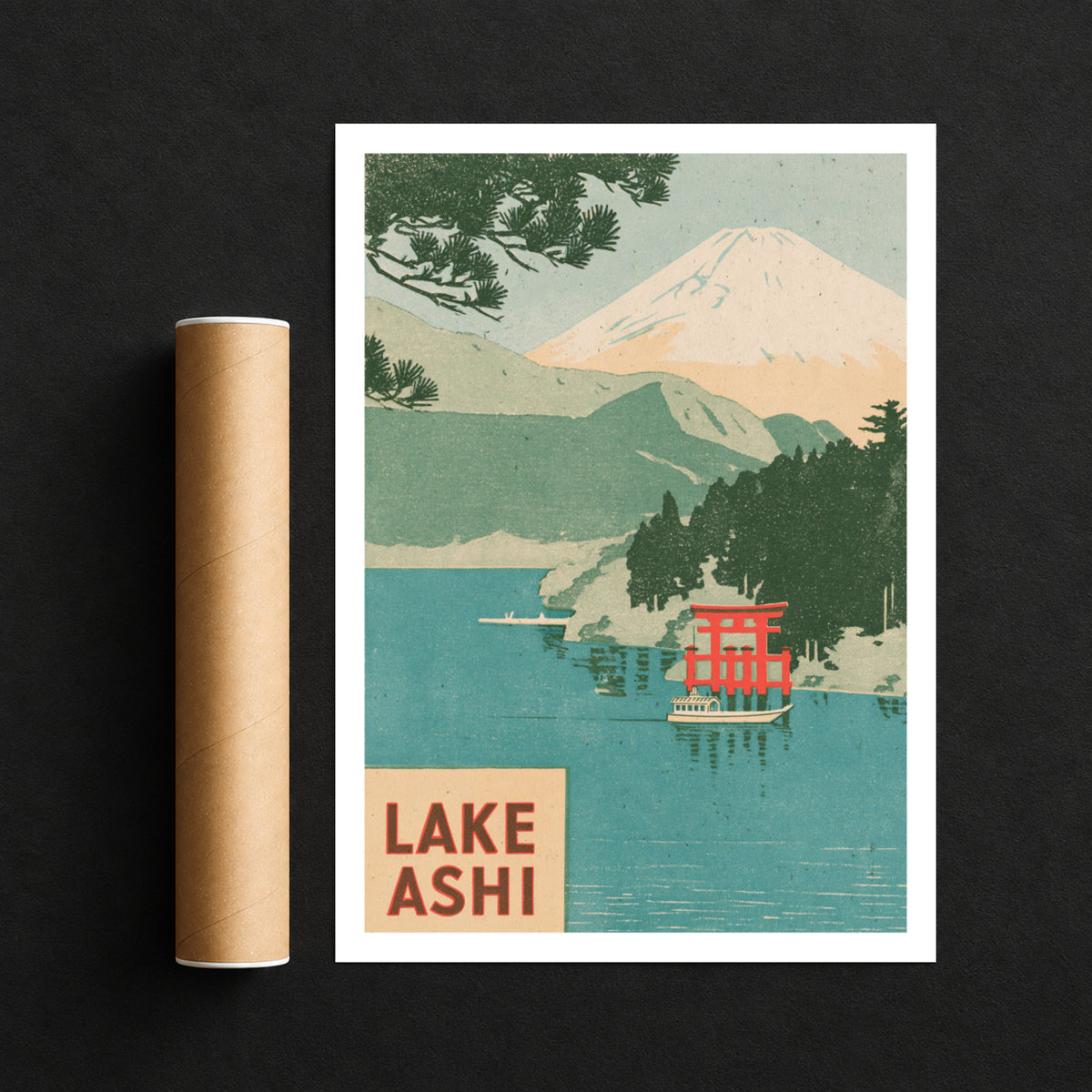 Retro Lake Ashi Japan Print, Vintage Travel Poster, Mount Fuji Torii Gate Woodblock Style, Hakone