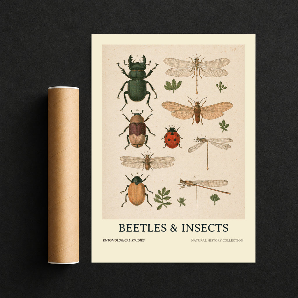 Vintage Beetles & Insects Entomology Print, Botanical Nature Wall Art, Natural History Poster