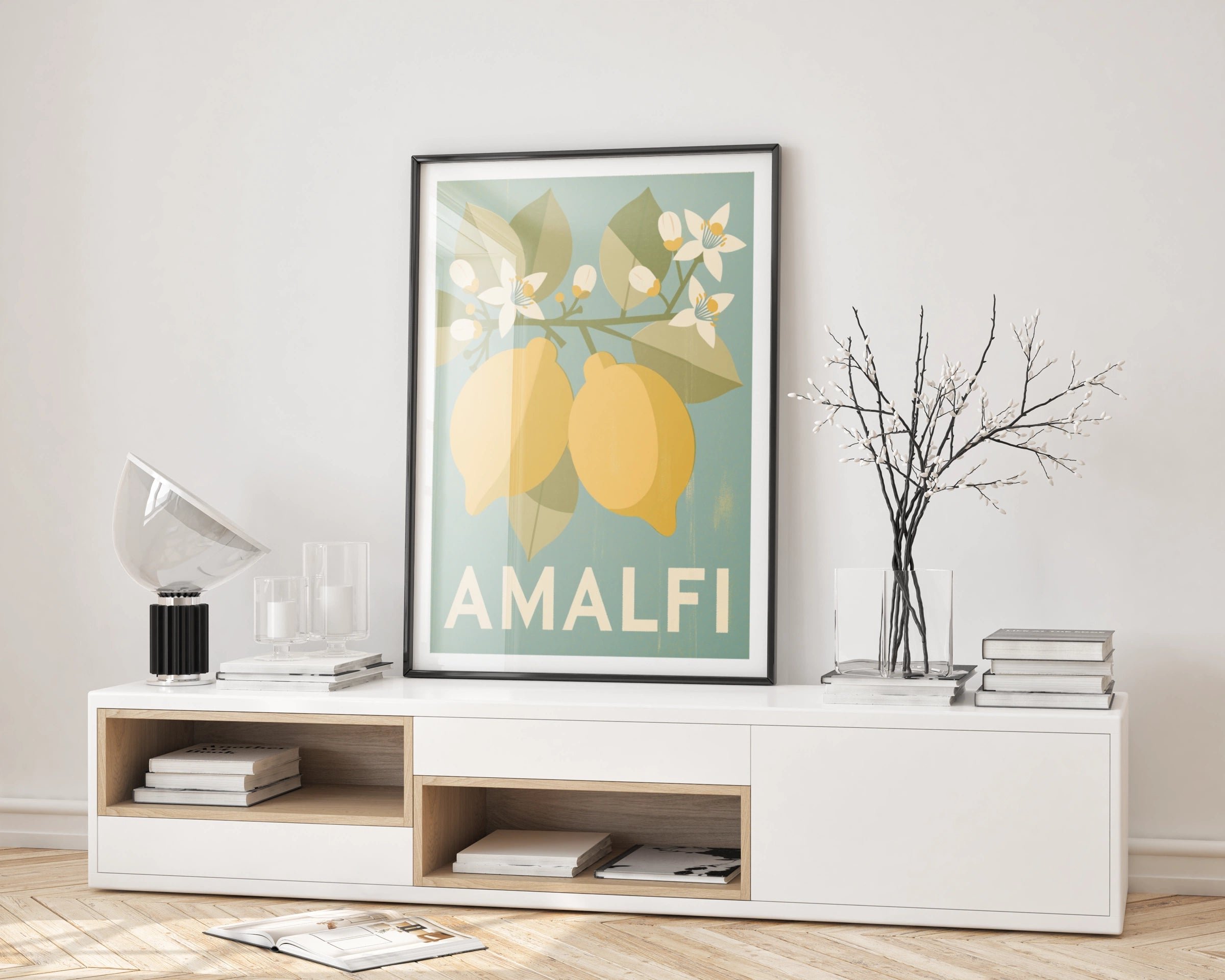 Amalfi Coast Retro Lemon Poster, Italian Travel Print, Teal Yellow Kitchen Wall Art