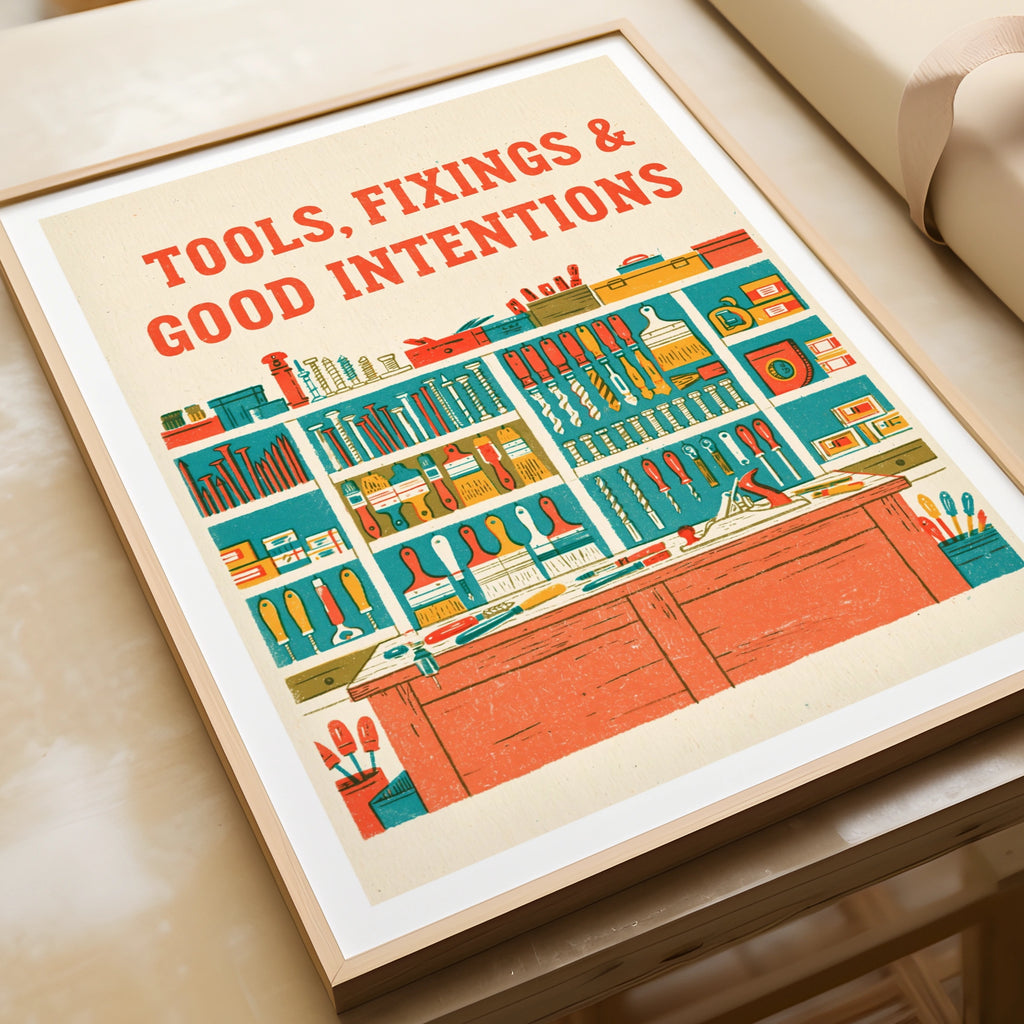 Tools Fixings Good Intentions Retro Workshop Poster, DIY Wall Art, Shed Print