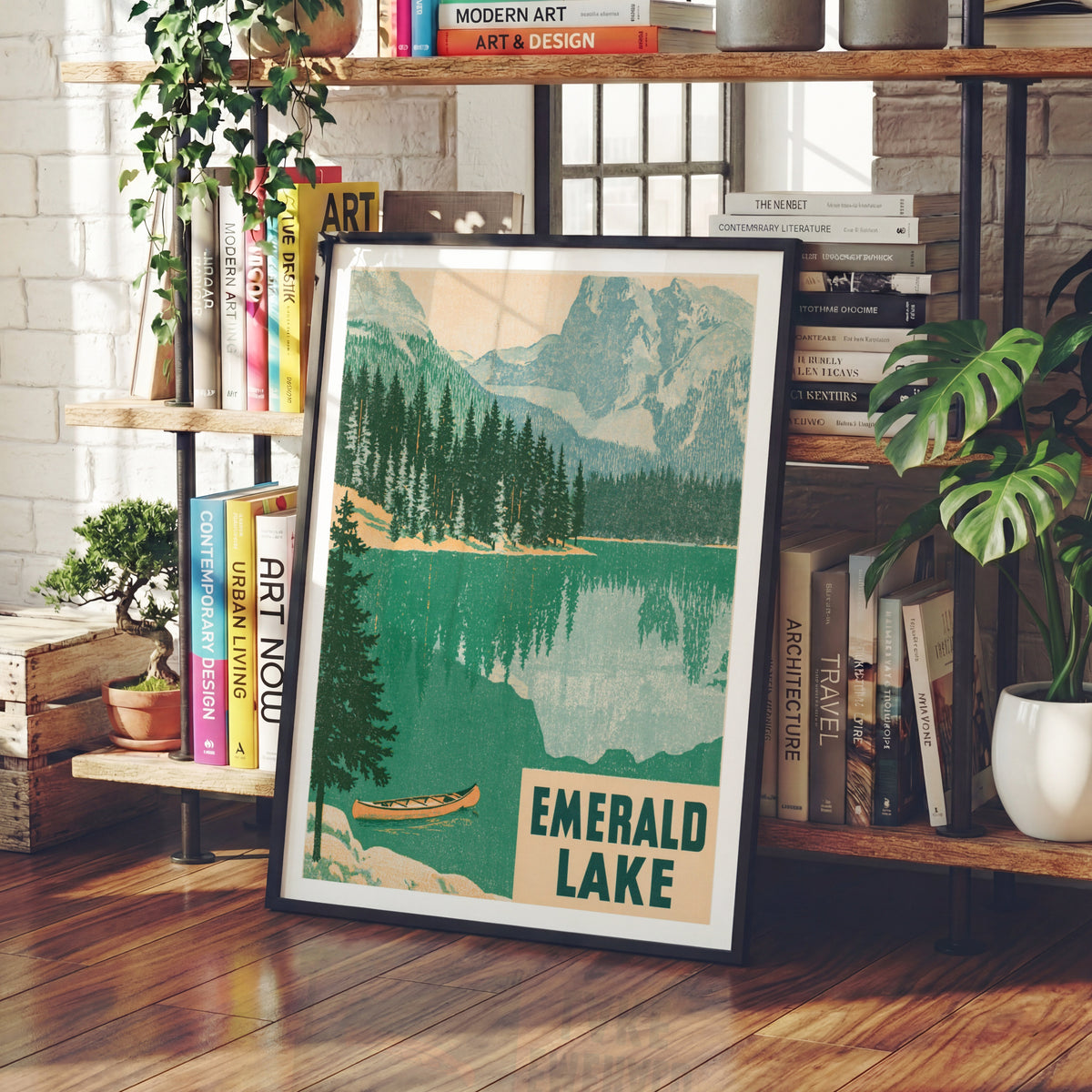 Emerald Lake Retro Vintage Travel Poster, Canada Mountain Lake Print, Canoe Pine Forest Wall Art