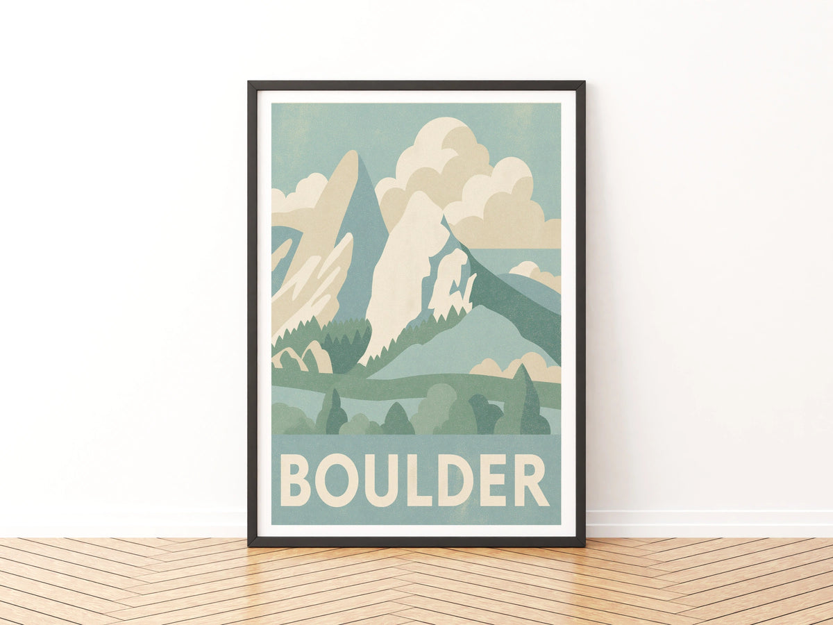 Boulder Colorado Retro Travel Poster, Flatirons Mountain Print, Vintage Travel Wall Art