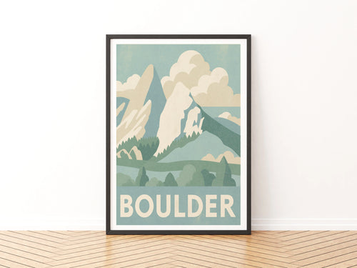 Boulder Colorado Retro Travel Poster, Flatirons Mountain Print, Vintage Travel Wall Art