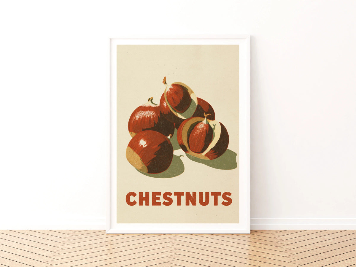 Chestnuts Vintage Food Poster Print | Rustic Kitchen Decor | Retro Mid Century Risograph Art