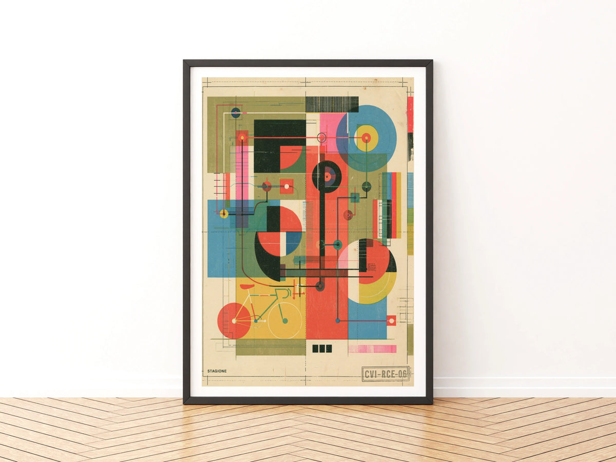 Retro Cycling Poster, Abstract Bauhaus Bike Art Print, Vintage Geometric Bicycle Wall Art