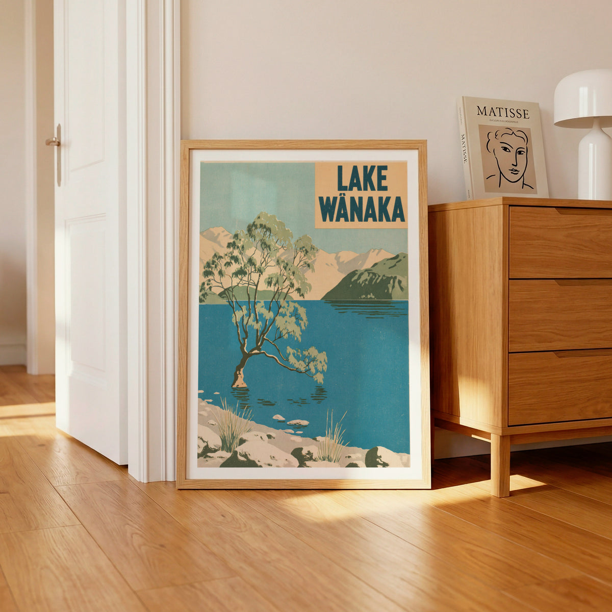 Lake Wanaka Retro Travel Print, Vintage Travel Poster, New Zealand Wall Art, Willow Tree Lake