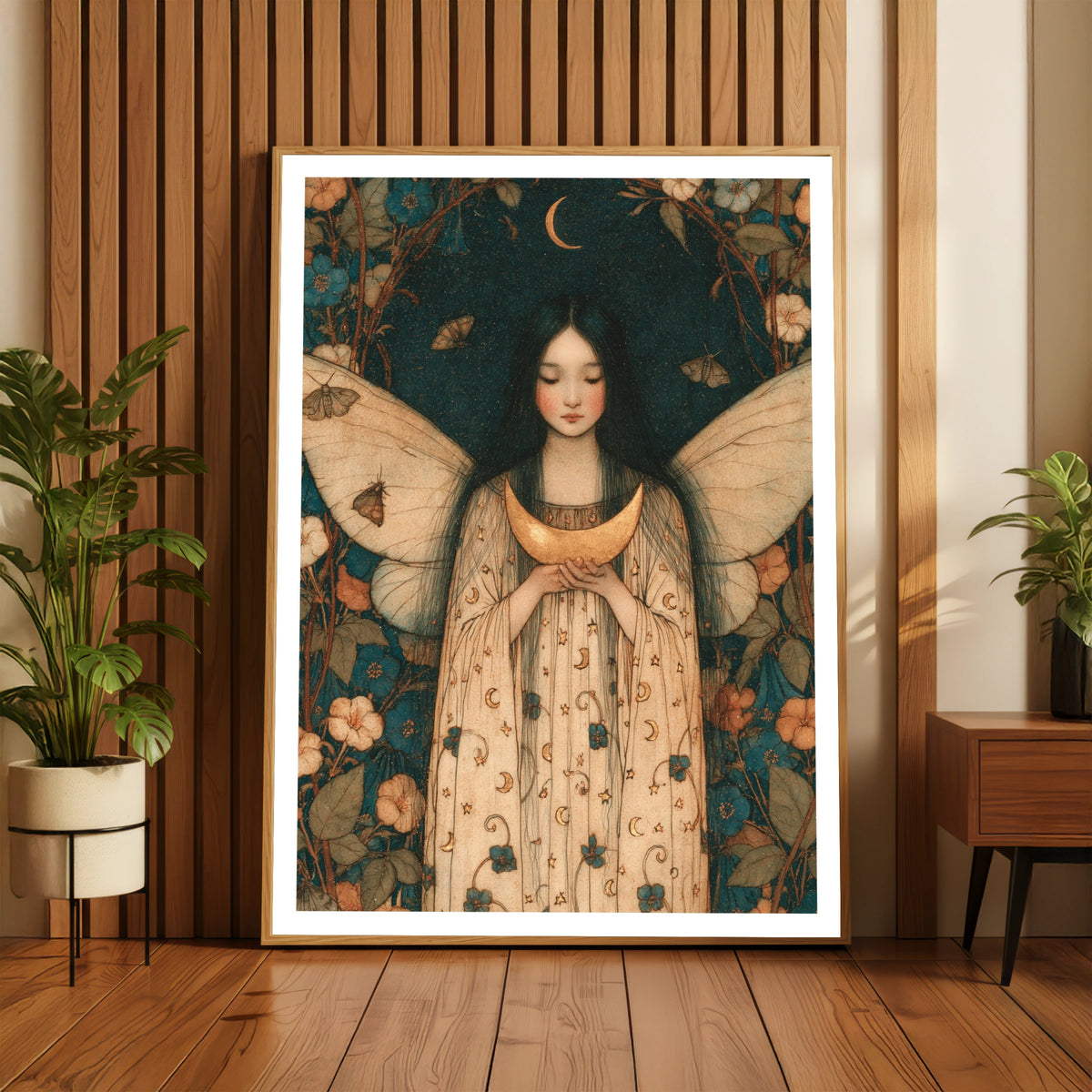Fairy Moon Girl Classic Inspired Print, Floral Night Sky Poster, Celestial Wall Art