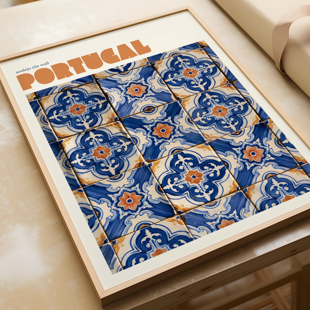 Portugal Azulejo Tile Retro Travel Poster, Blue Terracotta Wall Art Print