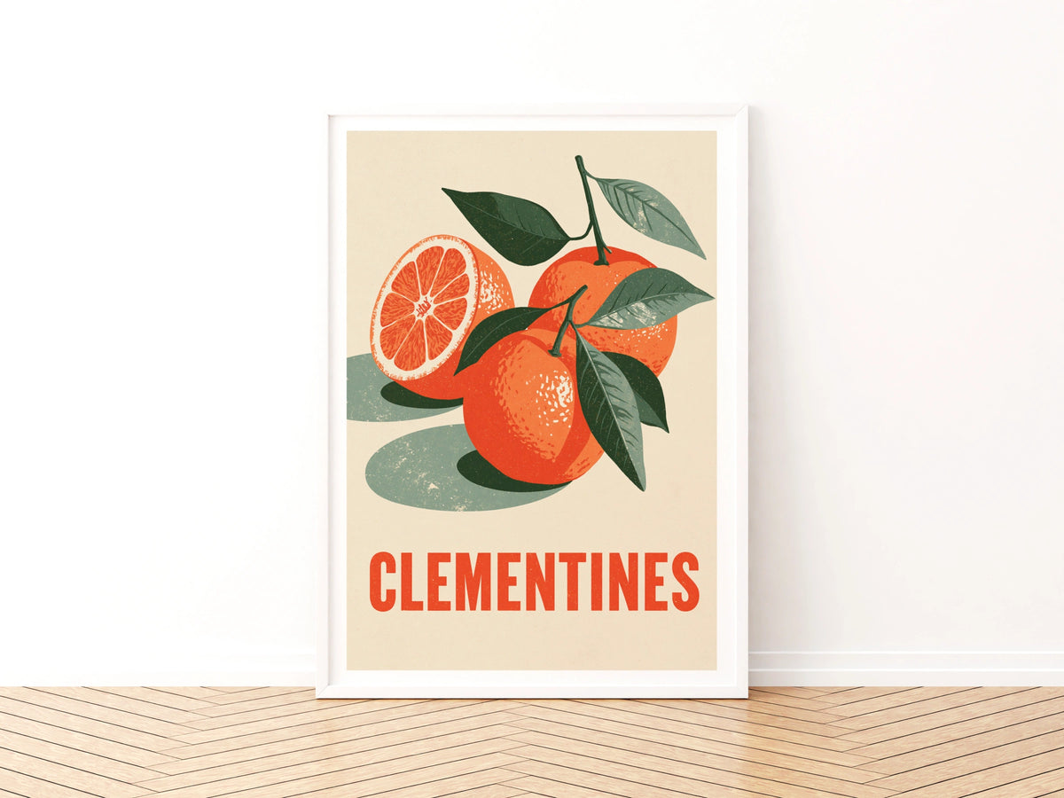 Clementines Vintage Food Poster Print | Rustic Kitchen Decor | Retro Mid Century Risograph Art