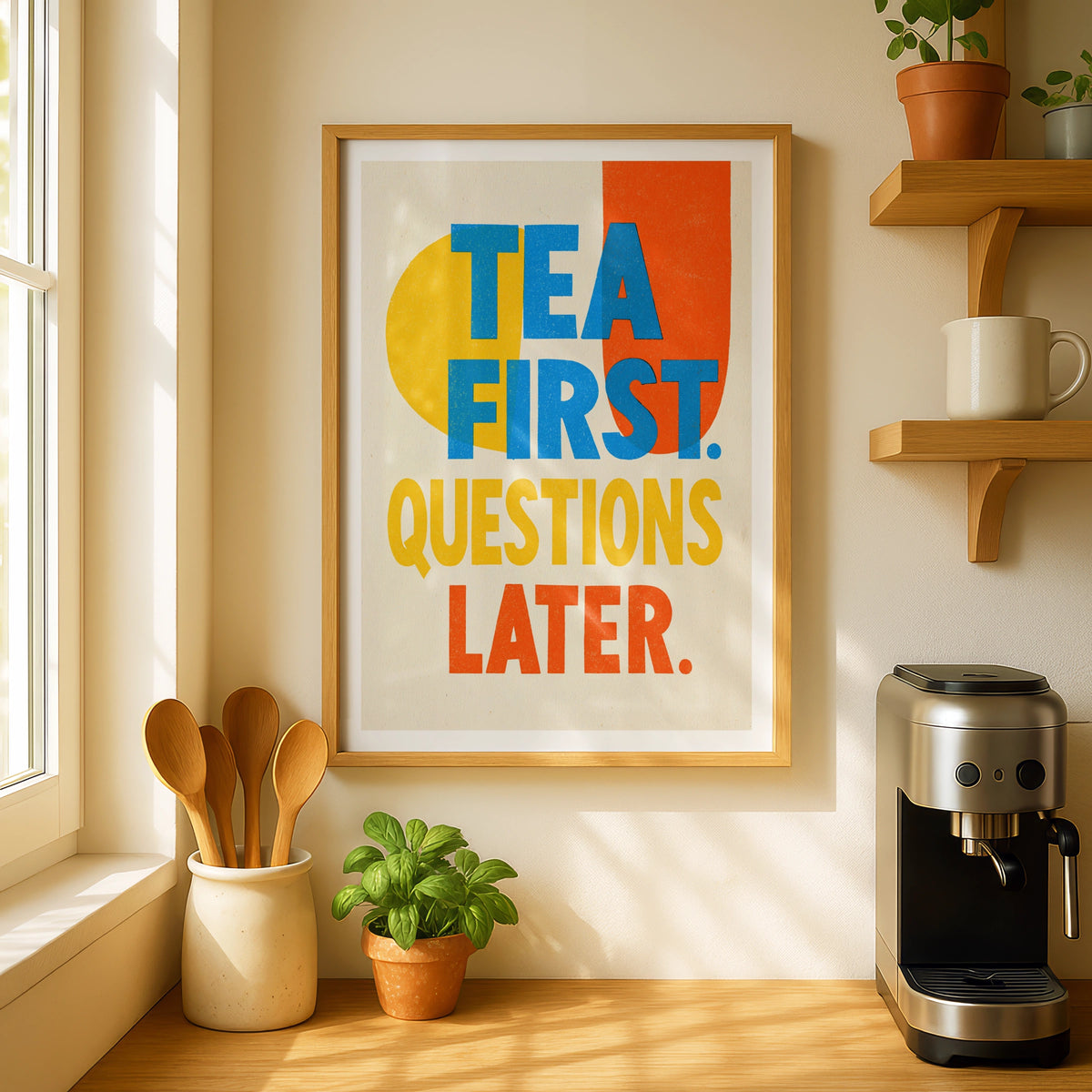 Tea First Questions Later Vintage Food Poster Print | Rustic Kitchen Decor | Retro Mid Century